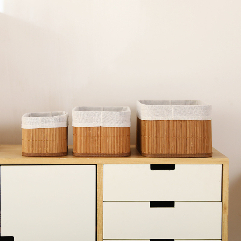 Kit Cestos De Bambu Multiuso Com Forro Ideal Para Quarto Banheiro Cozinha 3 Unidades