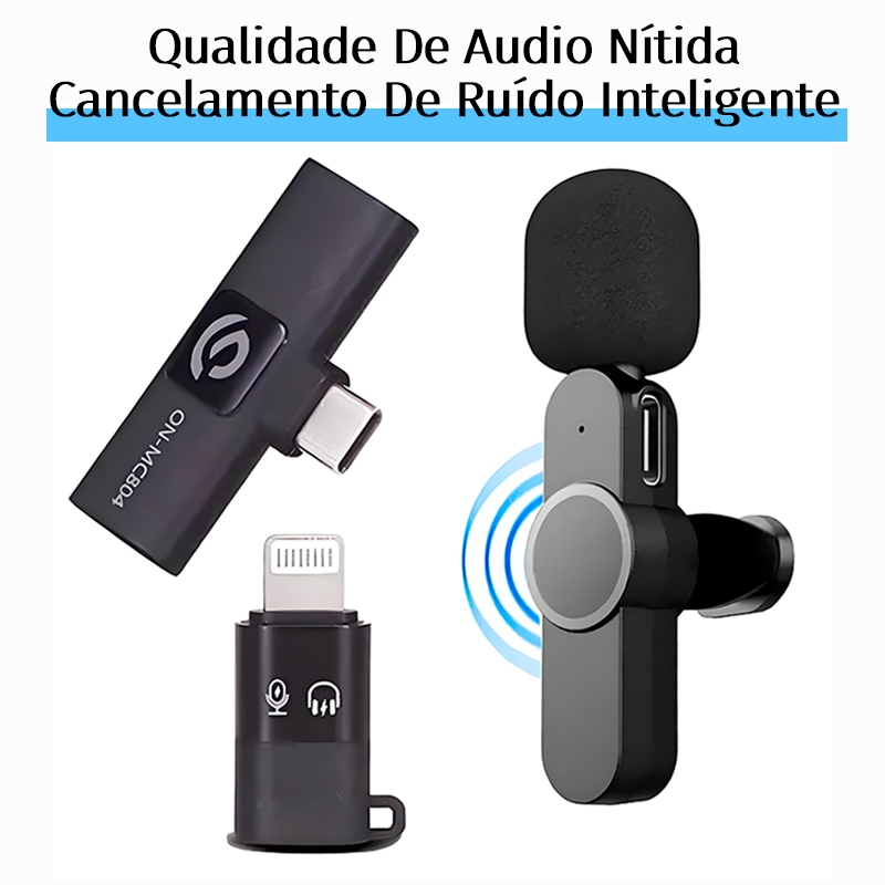 Microfone Sem Fio Bluetooth 5.2 Tecnologia de Transmissão de 2.4GHz para Vlog Compatível iPhone Lightning Android Type-C