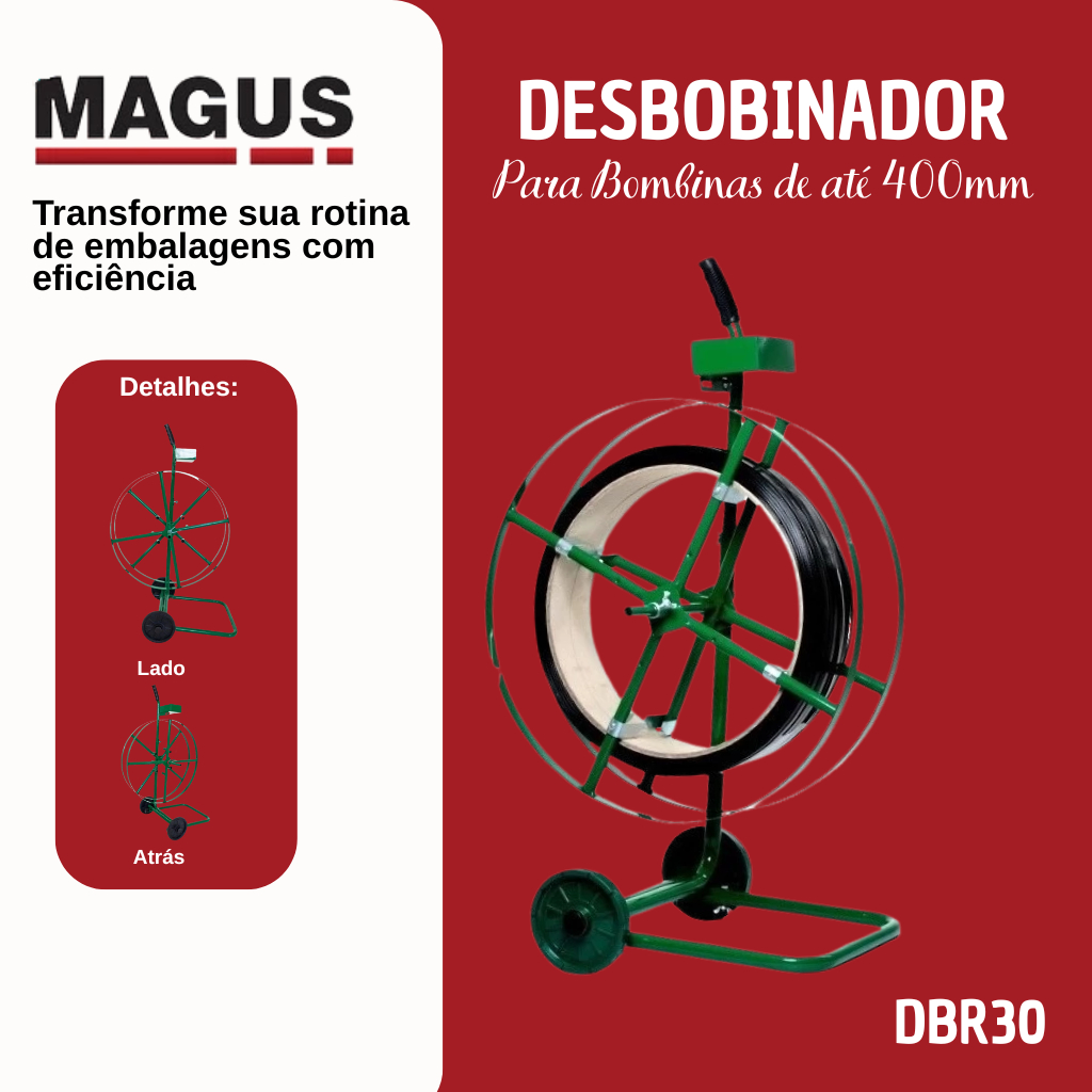 Carrinho Desbobinador Fita Arquear Pet DBR30 Magus – Para Rolos 400mm com Freio e Porta Selos