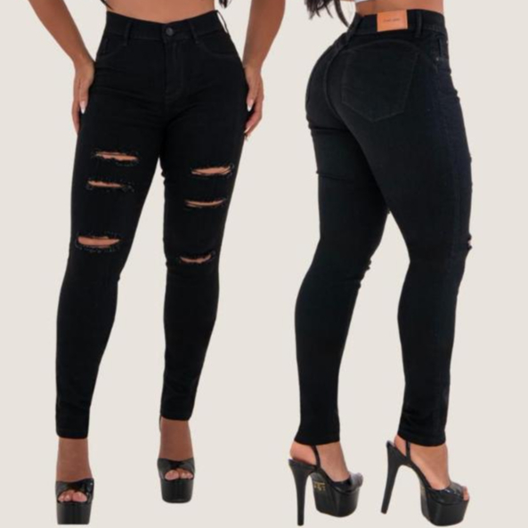 Calça Jeans Skinny Feminina Preta Com Rasgado Lycra Modelagem Empina Bumbum Confort Cintura Alta