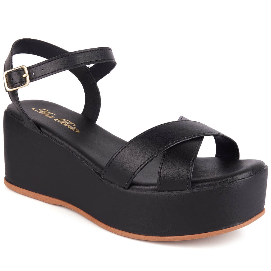 Sandália Anabela Salto Medio Alto Tiras Cruzadas Ana Brito em Oferta na Shopee