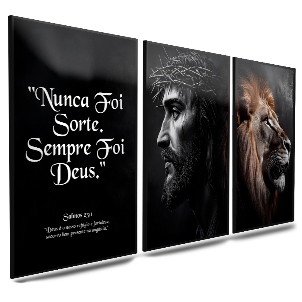 Quadro Decorativo Jesus Cristo Leão de Judá Nunca Foi Sorte Sempre Foi Deus Tríptico Religioso