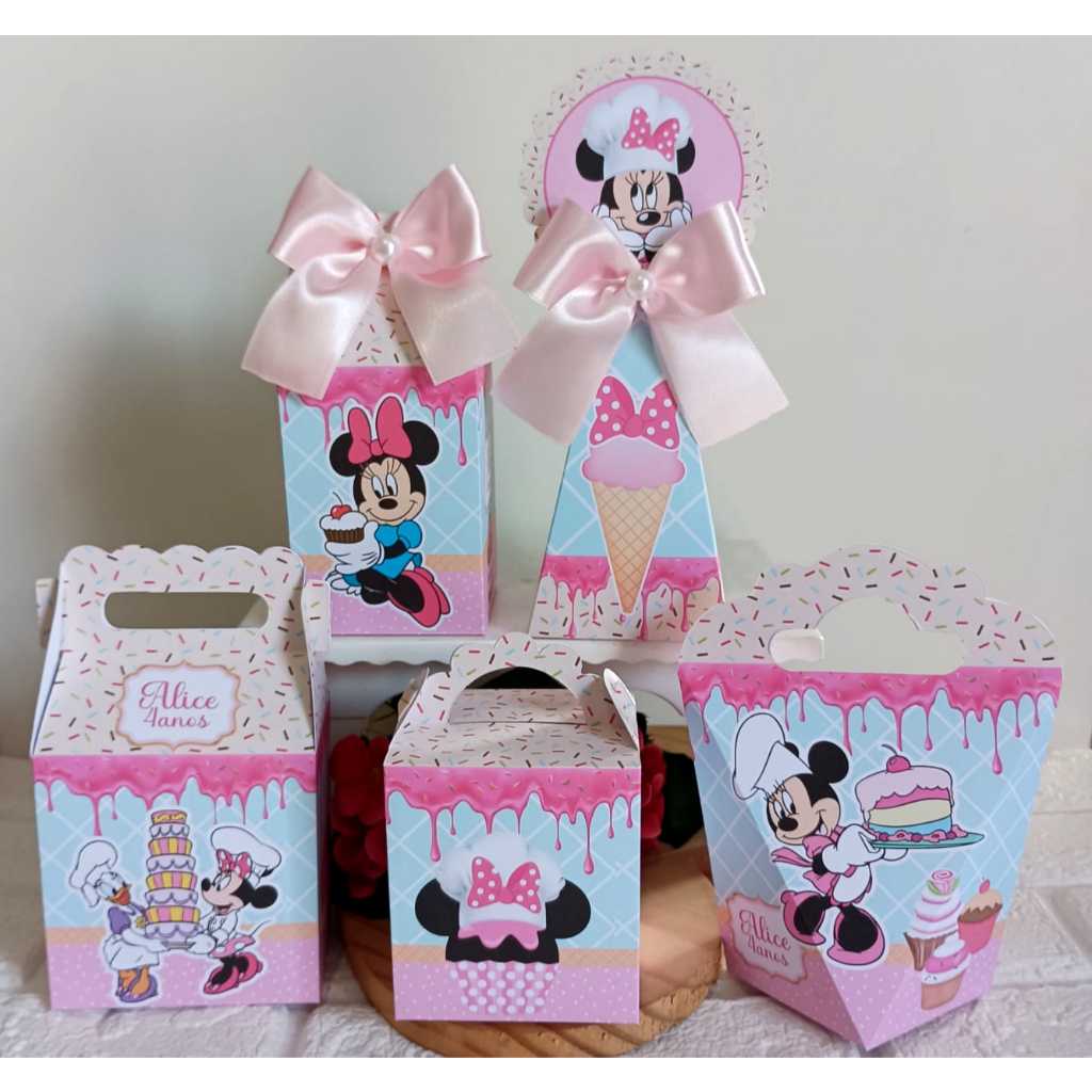 Kit Caixas Minnie Confeiteira - Personalizada com nome - Aniversário (PEGUE E MONTE) Lembrancinha