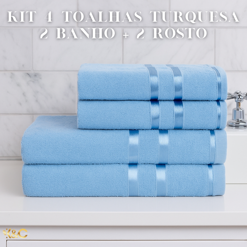 Kit 4 Toalhas Turquesa (2 Banho + 2 Rosto) 100% Algodão em Oferta na Shopee