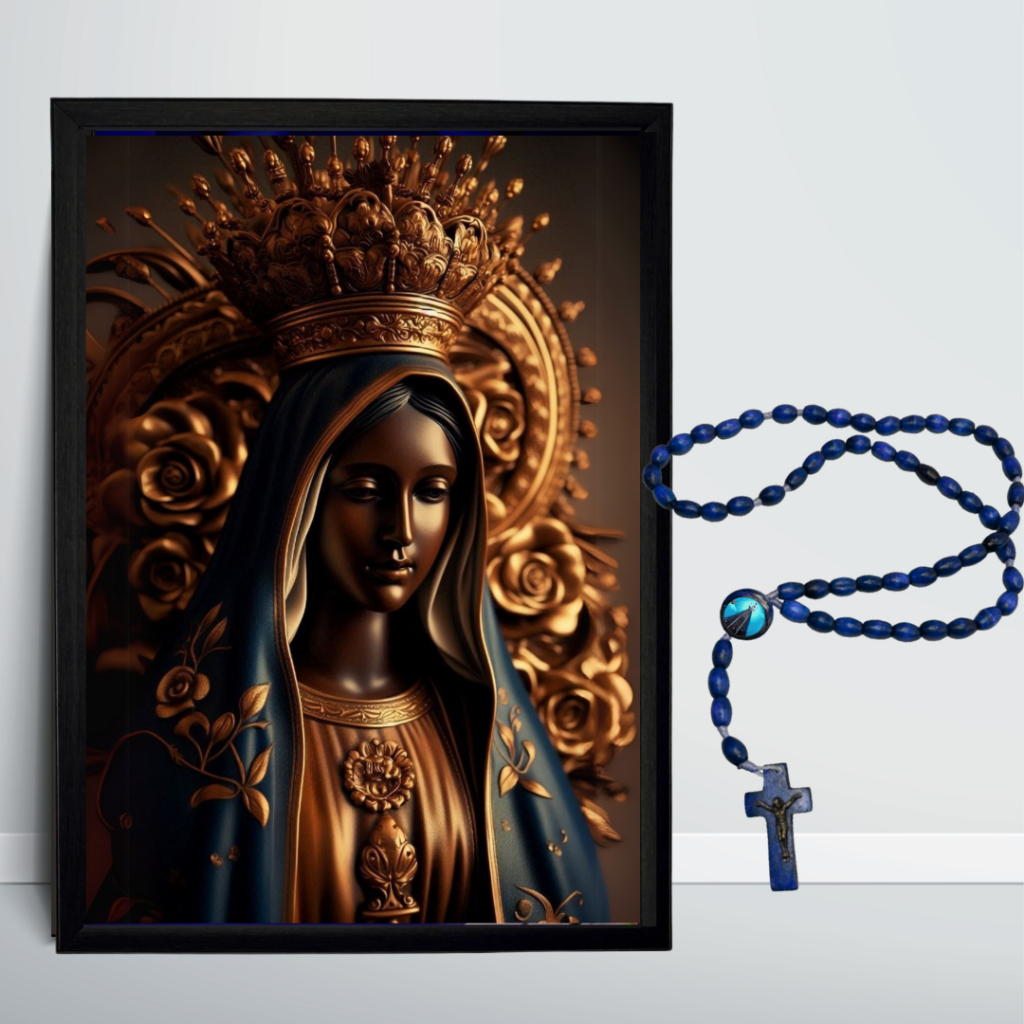 Kit Quadro Devocional Nossa Senhora Aparecida + Terço Amadeirado Rosário Católico- Fé