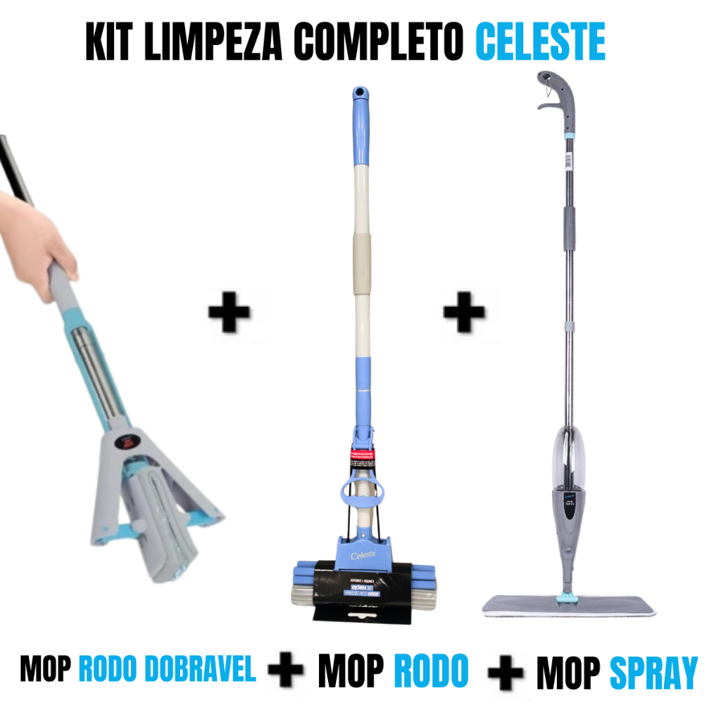 Faxina 3 em 1: Mop Spray + Mop Rodo Fácil e Mop Dobrável Celeste Seque Sem Precisar Por Mão No Pano