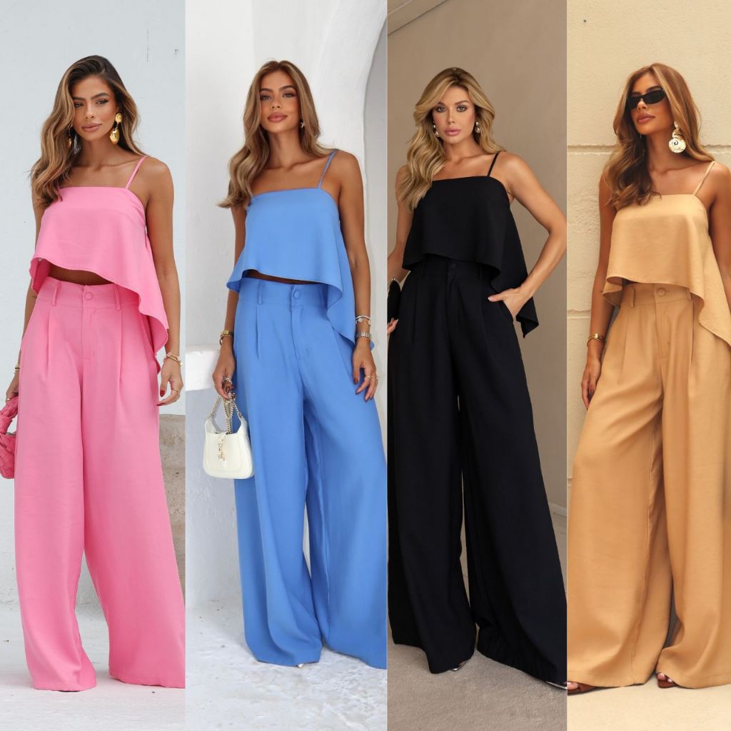 Conjunto de Alfaiataria Feminino calça Pantalona Ampla e blusa assimétrica reguladora