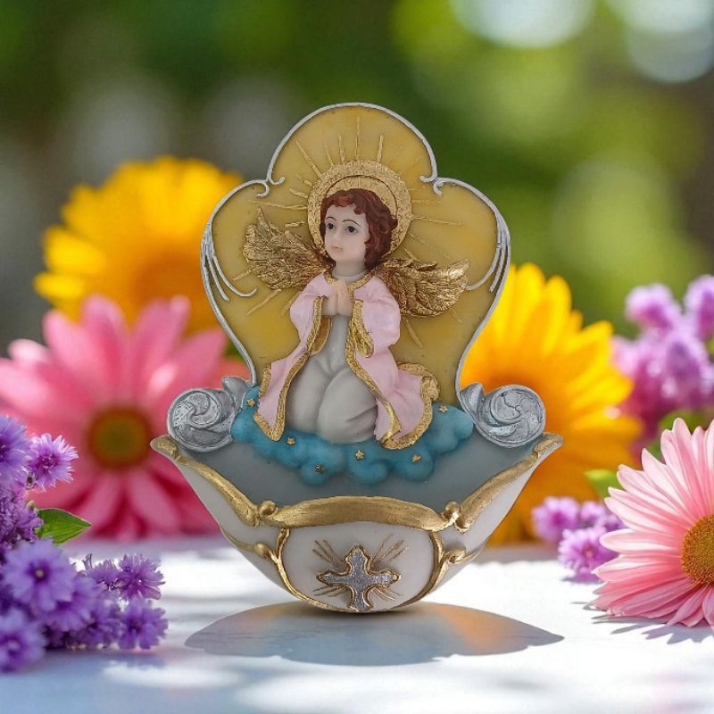 Imagem do Anjo da Guarda Rosa pia porta água benta de parede com alça metálica 16cm Resina