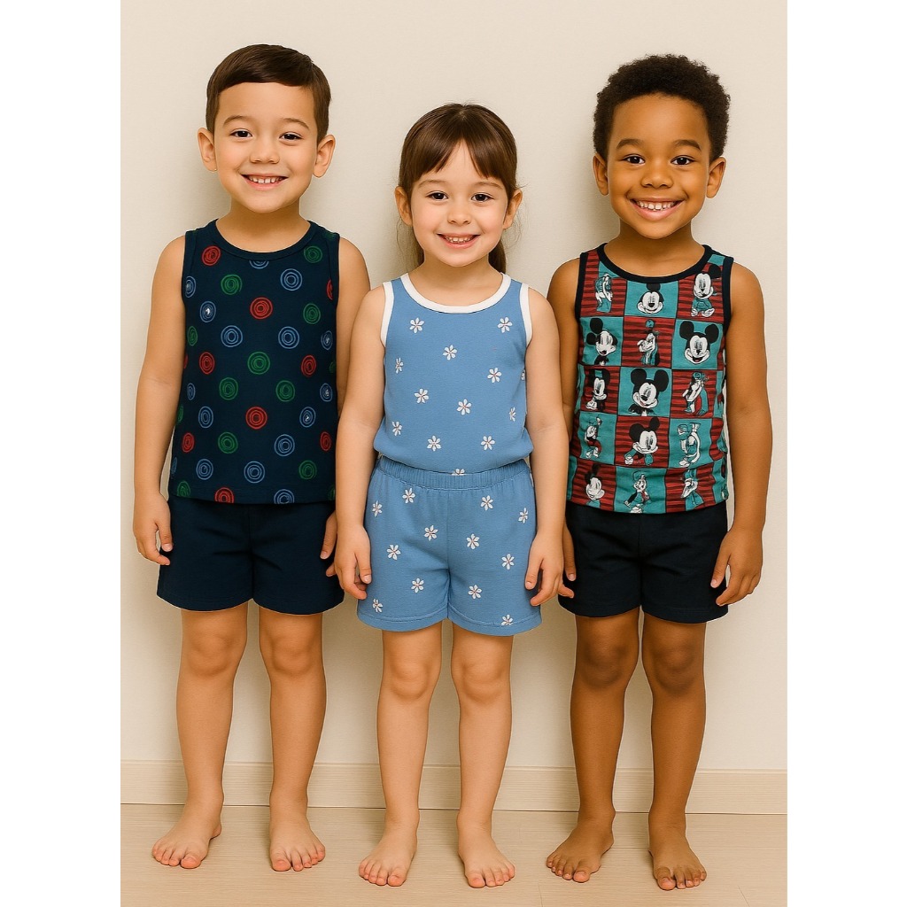 Pijama Verão Regata e Shorts Menino ou Menina Malha 100% Algodão Tam 2 a 10 Anos