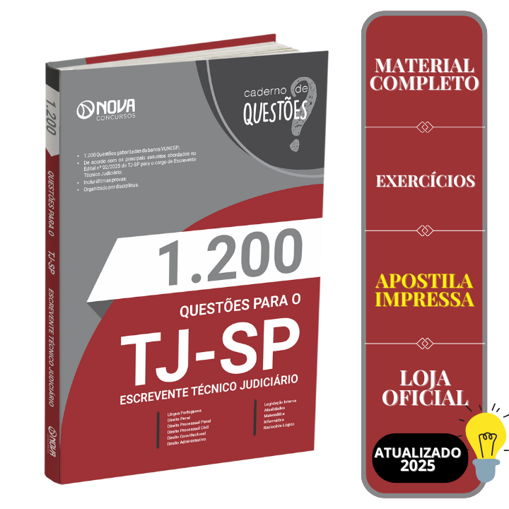 Imagem Livro 1.200 Questões Gabaritadas TJ-SP 2025 - Escrevente Técnico Judiciário