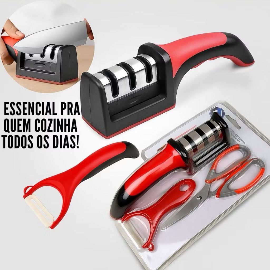 Conjunto de Cozinha Completo 3 peças Tesoura Inox Afiador Descascador em Oferta na Shopee
