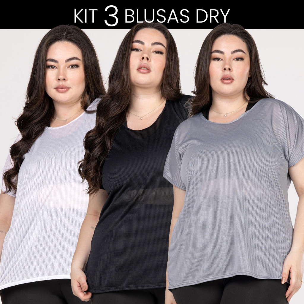 Kit 3 Blusas Academia Plus Size – Dry Fit Leve Confortável e Respirável