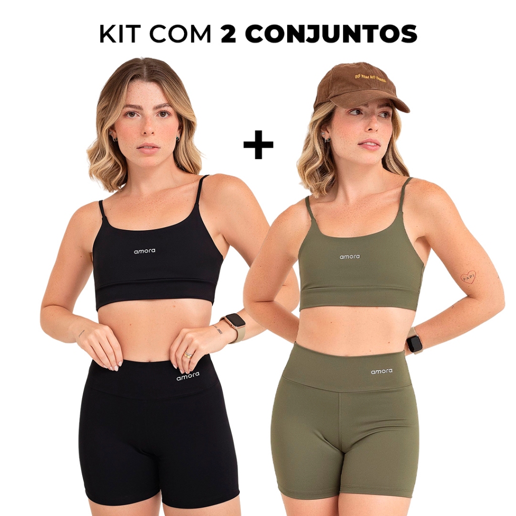 Kit com 2 conjuntos Roupa Fitness Premium Amora de Short + Top Basico academia zero transparência com proteção UV