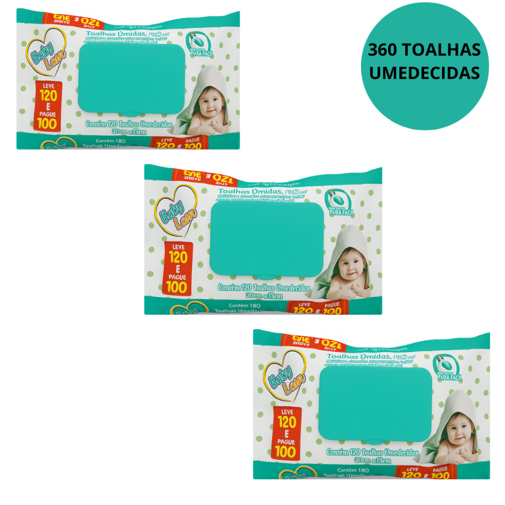 KIT 3 PCT Toalhas Umedecidas Bebê/Infantil - Baby Lenn 360UN (120 CADA PCT) Sem Alcool Etilíco