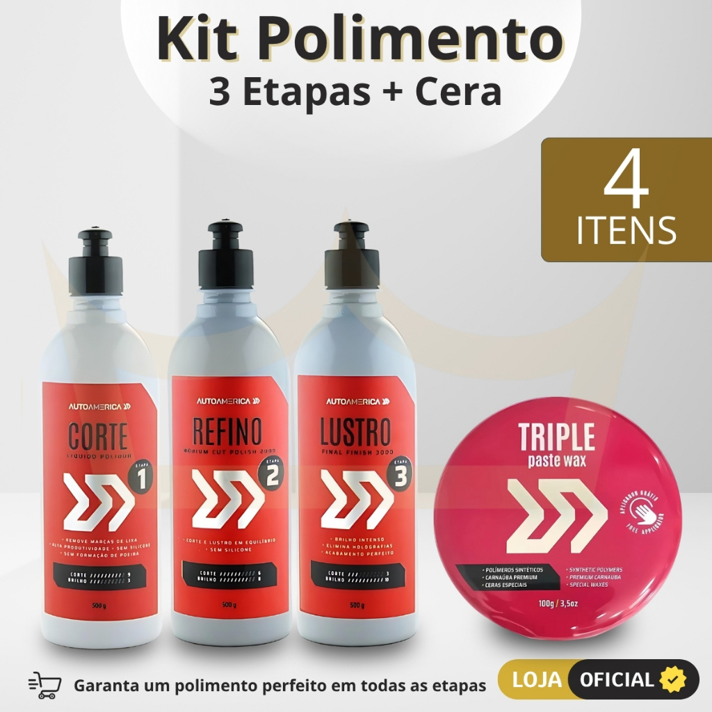 Kit Menzerna Polimento corte 100 refino 2000 lustro 3000 Cera Cristalizadora Triple Wax 100g em Oferta na Shopee