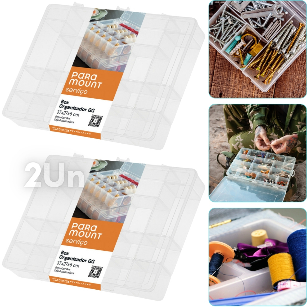Box Organizador GG 2 Unidades Paramount Caixa C/20 Compartimento Para Artesanato, Bijuteria, Pesca, Remédios, Parafusos