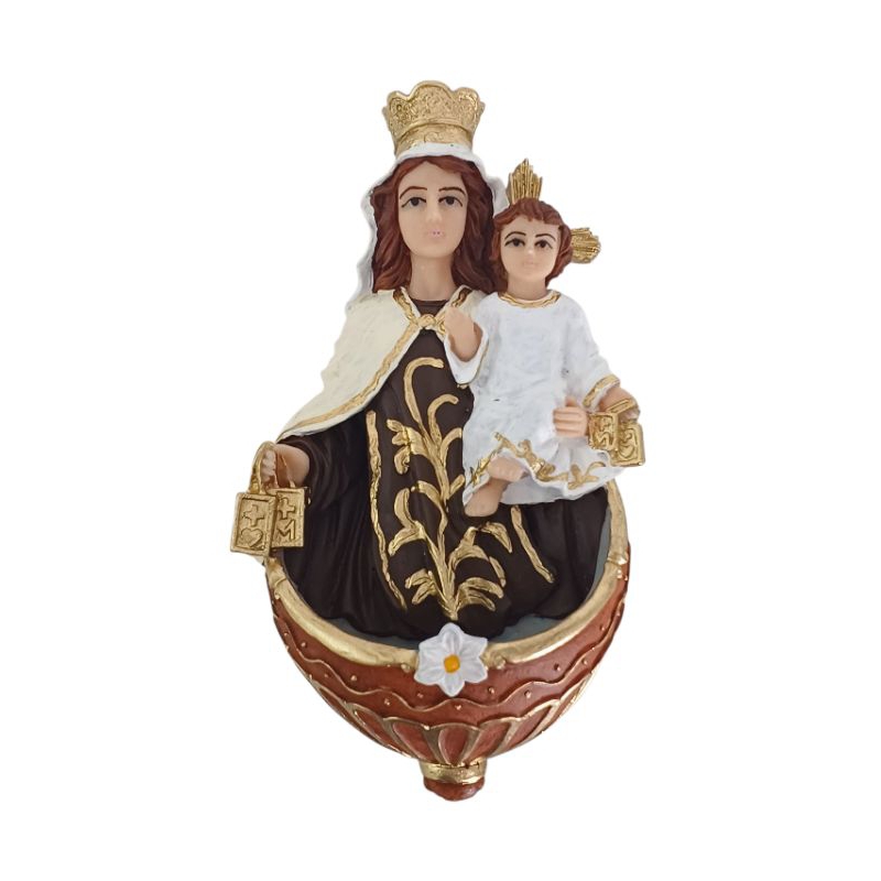 Imagem de Nossa Senhora do Carmo pia porta água benta de parede com alça metálica 16cm resina