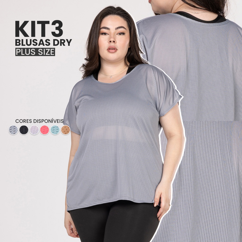 Kit 3 blusas plus size feminina academia camiseta dry musculação caminhada em Oferta na Shopee