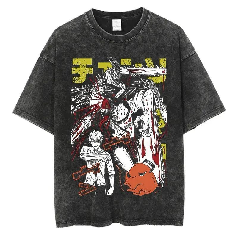 Camiseta oversized Chainsaw Man anime streetwear Aftersoul plus size algodão stone wash