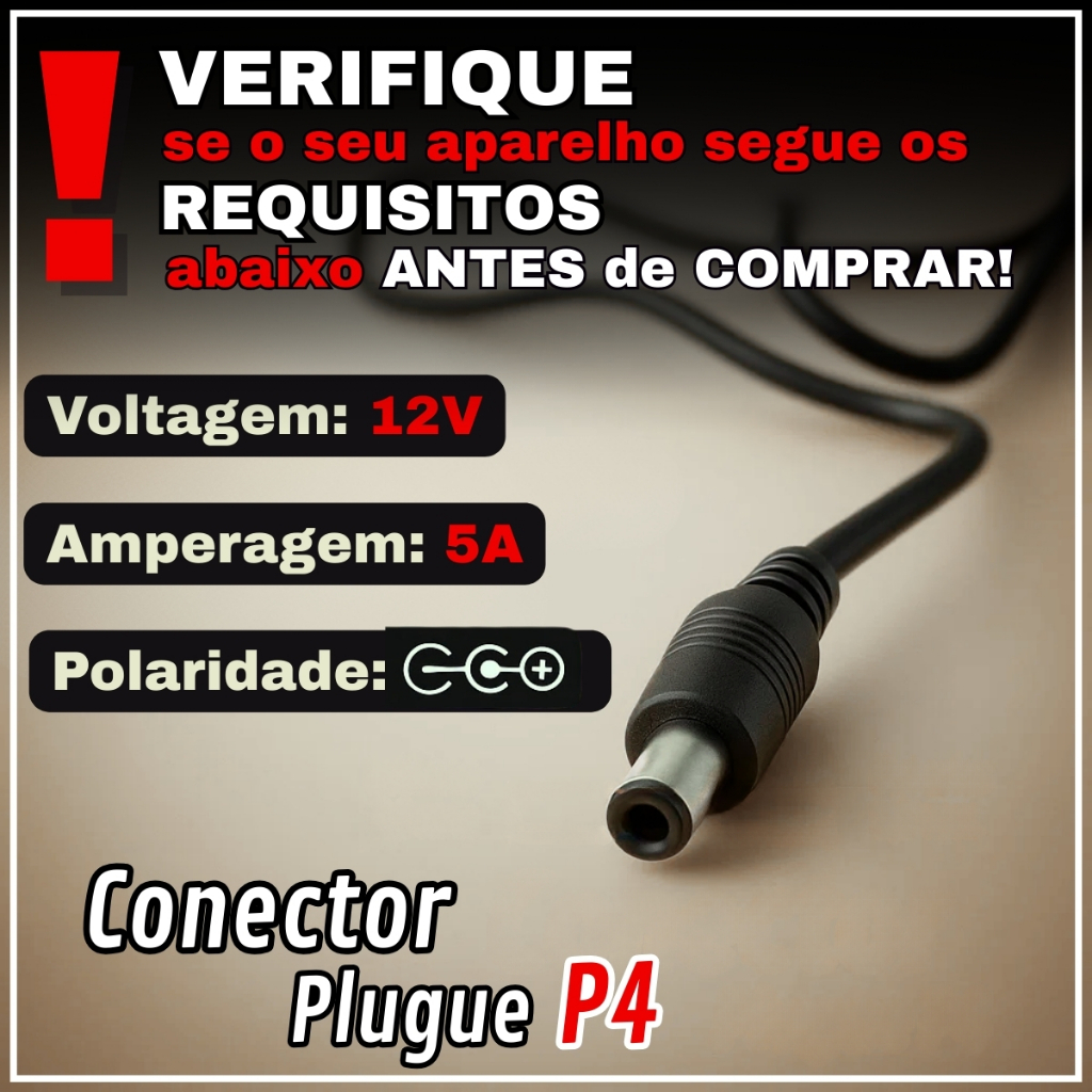 Fonte Eletrônica Tomada 12V 5A 60W Bivolt 110V 220V  Plug P4 - detalhe