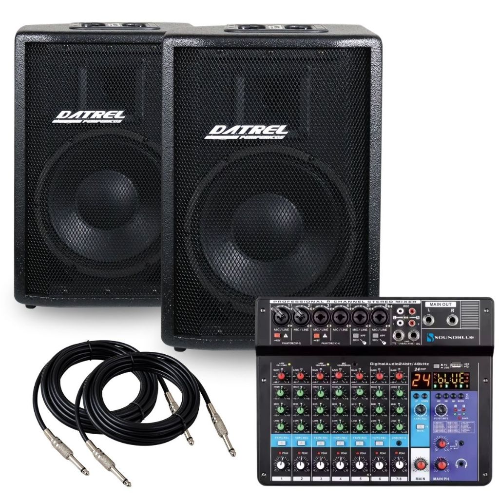 Kit Caixas Som 400w Ativa Passiva Acustica Profissional + Console Mesa 8 Canais Audio Bluetooth Usb