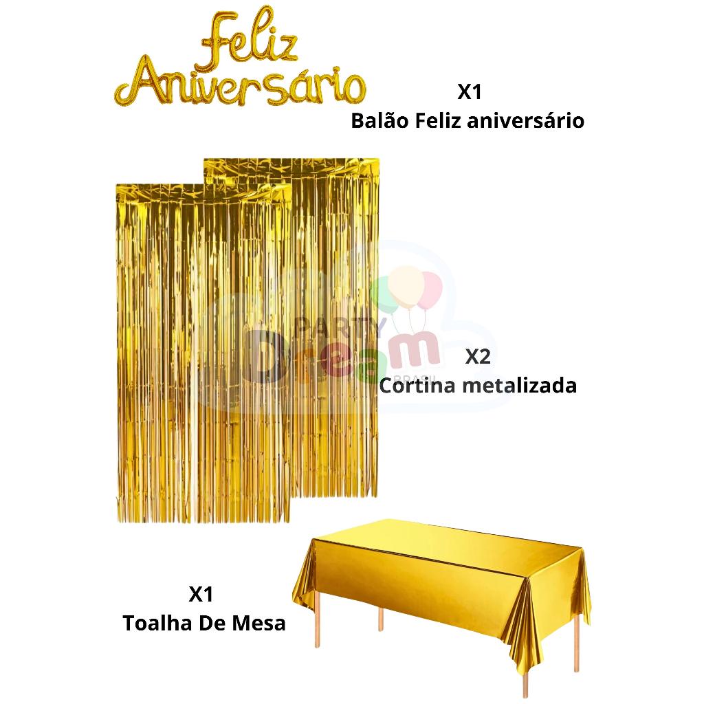 Kit Balão Metalizado Feliz Aniversario + Toalha de Mesa + 2 Cortina Metalizada Lisa Brilhante festa em Oferta na Shopee