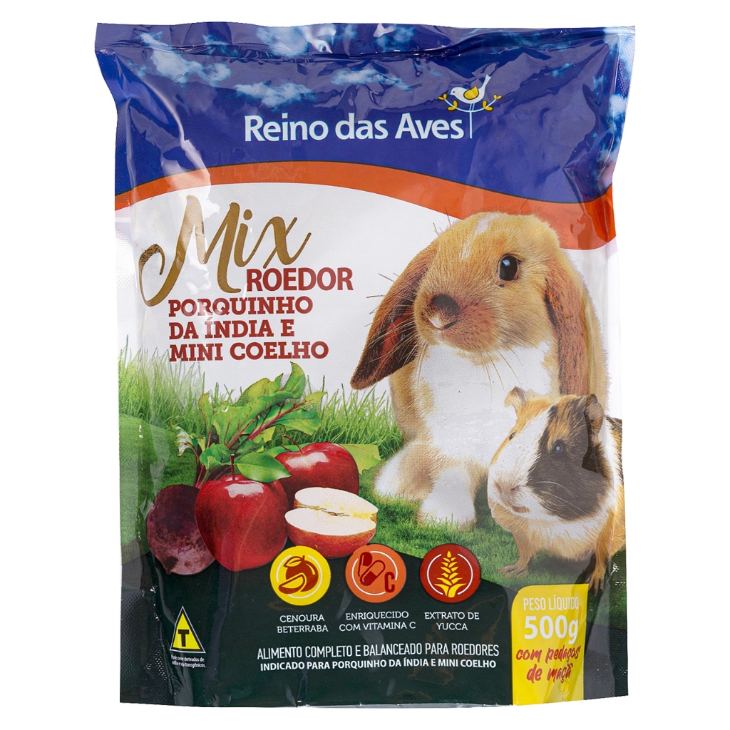 Kit 2 Pacotes Ração Porquinho da Índia Mini Coelho 500gr Reino das Aves Alimento Nutritivo Pet