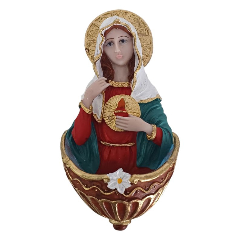 Imagem do Santo Sagrado Coração de Maria pia porta água benta de parede com alça metálica 16cm Resina