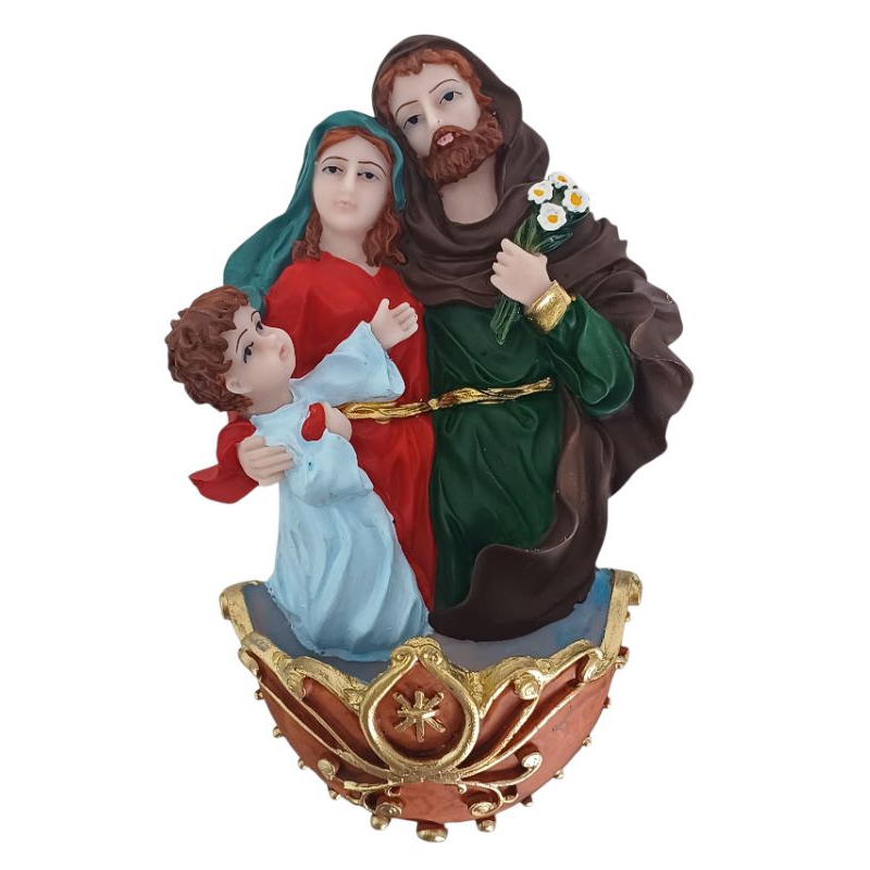 Imagem da Sagrada Família pia porta água benta de parede com alça metálica 18cm Resina