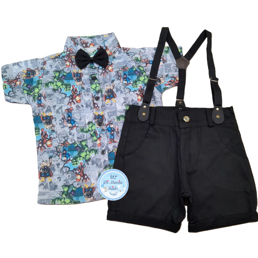 Conjunto Temático Os Vingadores Camisa Short Suspensório Roupa bebe menino festa infantil Personagem
