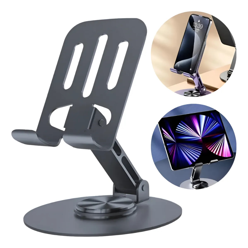 Suporte de Mesa Giratório e Ajustável para Celular e Tablet em Alumínio Portátil