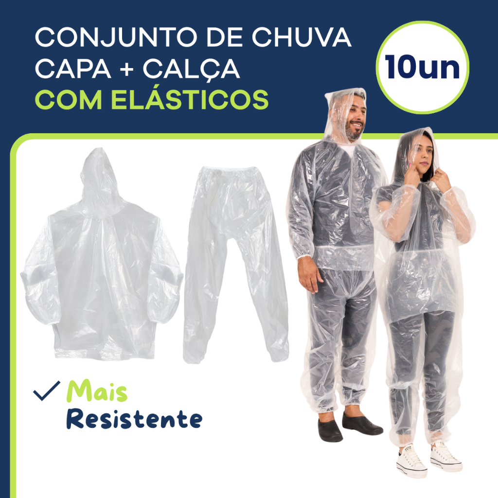 Kit 10 Conjunto Capa de Chuva Transparente com Elásticos Bata Calça Capuz Reutilizável Resistente