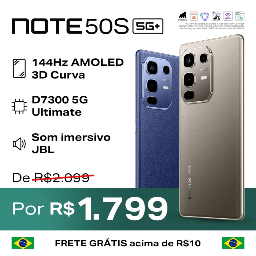Infinix Note 50S 5G 256GB/8GB RAM, Processador Dimensity 7300 Ultimate, Câmera 64MP, Bater...
