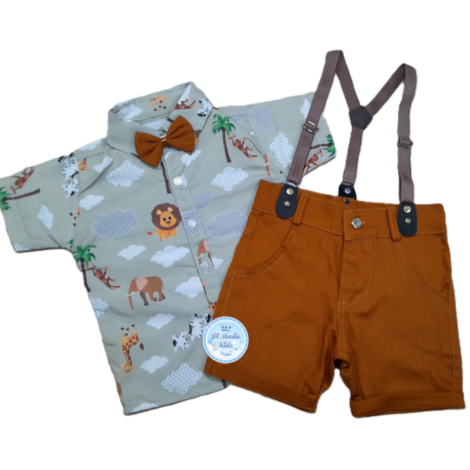 Conjunto Temático Safari Camisa Short Suspensório Roupa bebe menino festa infantil Personagens