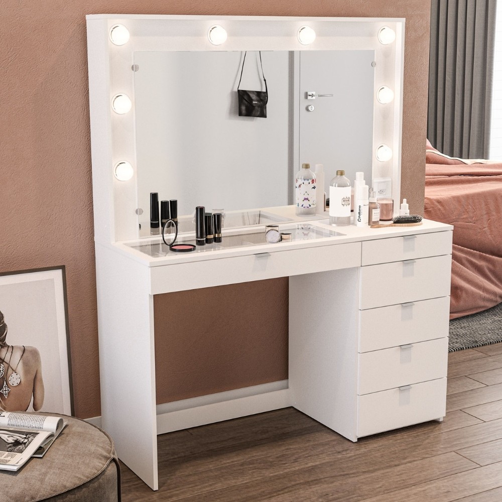 Penteadeira Camarim com Espelho e Visor de Vidro 6 Gavetas Nanda Mobikasa em Oferta na Shopee