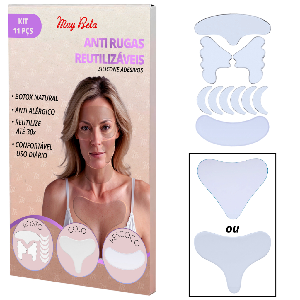 Kit com 3 Adesivos Silicone Peito Anti Rugas Rosto Pescoço Anti Rugas Colo Placa de Silicone para Colo Skin Care 30 usos
