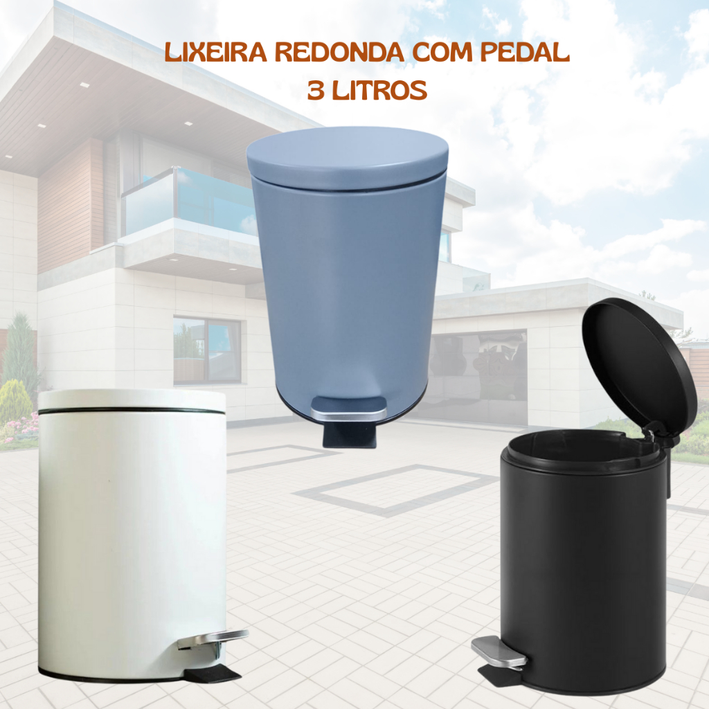 Lixeira Cestinho Lixo Redonda com Pedal Multiuso Casa Cozinha Banheiro Varanda Quarto Lavanderia Sala Hotel Aço 3 litros