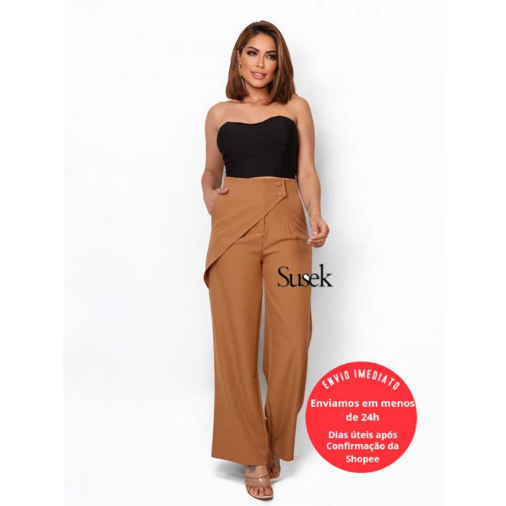 Calça Feminina Estilo Social Pantalona Luis Twill Detalhe Destaque na Cintura 88100