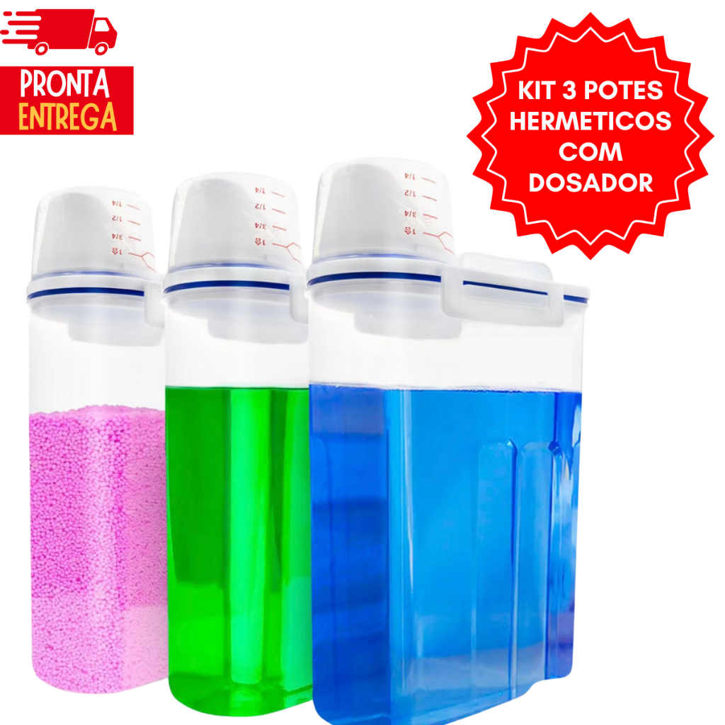 Kit 3 Potes Hermético 2l porta sabão pó liquido grãos c copo dosador multiuso p cozinha lavanderia