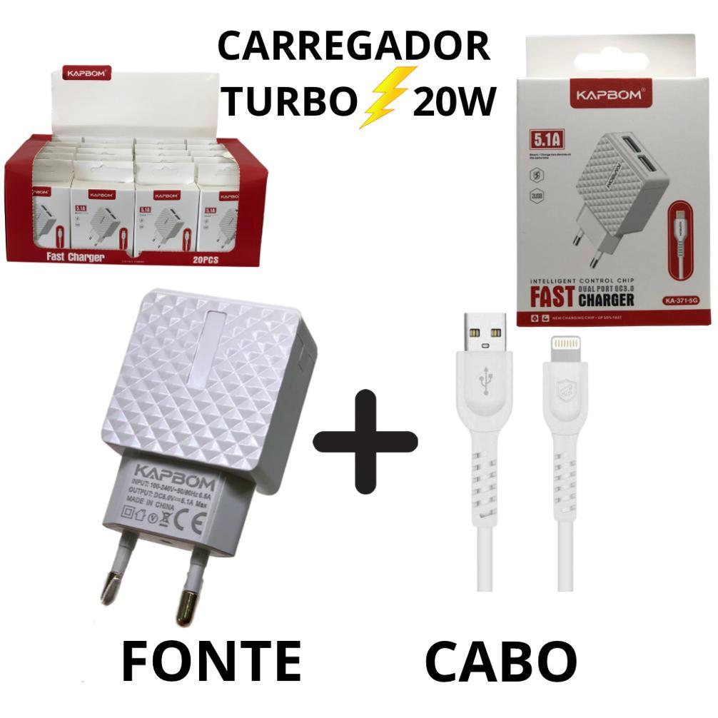 Carregador iPhone Fonte Turbo Kapbom 20W 5.1 + Cabo Lightining de iPhone Carregamento rápido iPad