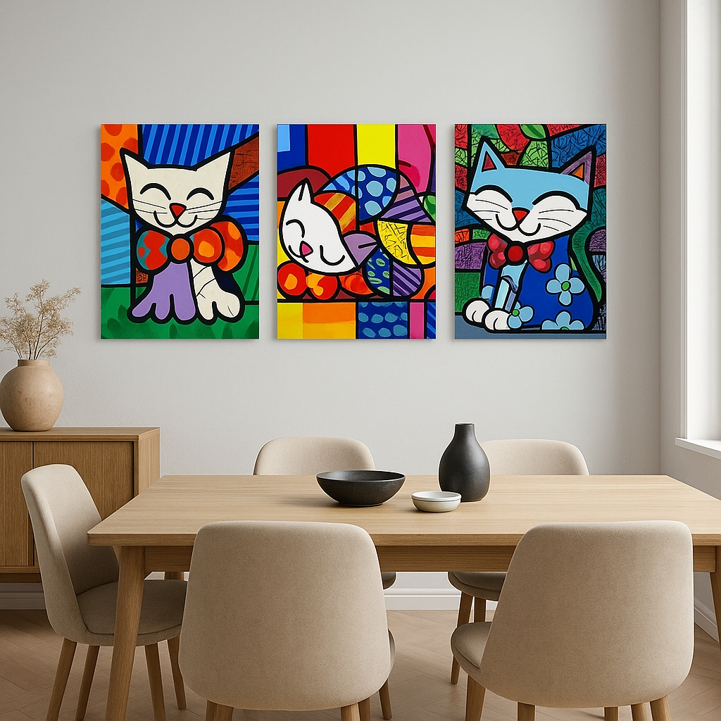 Quadro Decorativo Gato Romero Brito Mosaico 3 Peças MDF Para Sala Quarto Escritório