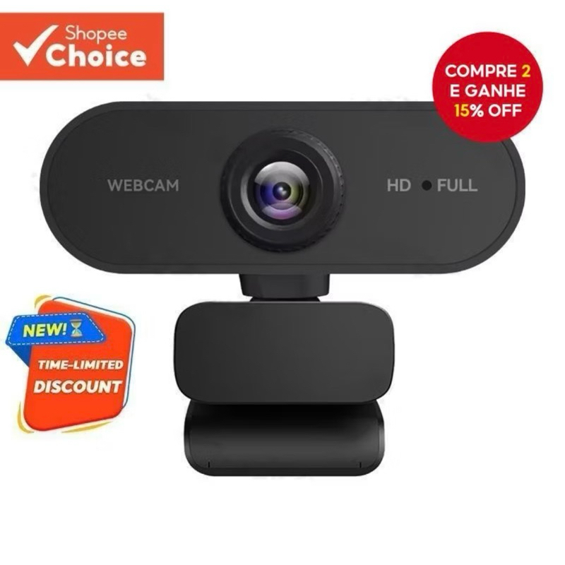 Câmera USB Com Webcam De Rede Preta Full HD 1080p Gira 360° Com Microfone Para Laptop Computador