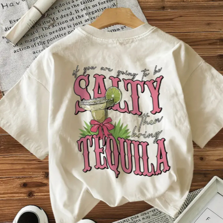 Blusa Feminina Algodão Tendência Estampa Drink Salty Casual Confortável Minimalista