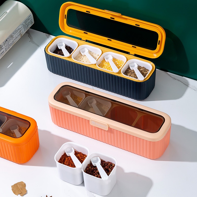 Caixa de Condimentos Porta Temperos 4 Divisórias Com Colher Medidora