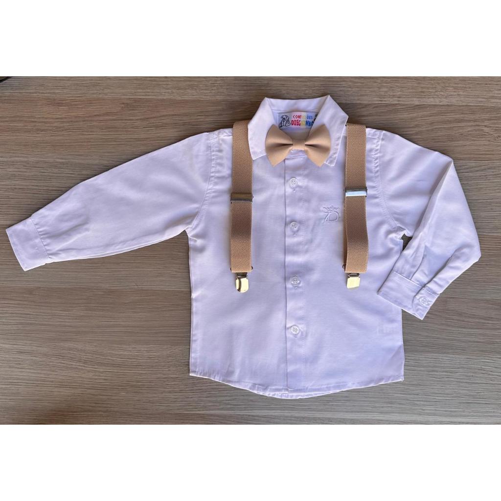 Camisa Social Infantil Roupa de Menino Com Gravata e Suspensórios Bege