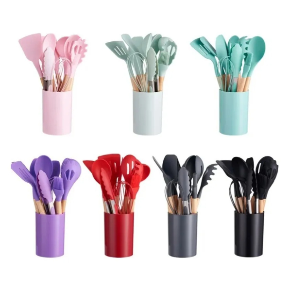 Kit C/12 Peças Utensílios De Cozinha Colheres Espatula Silicone Cabo Madeira Decoração Livre BPA