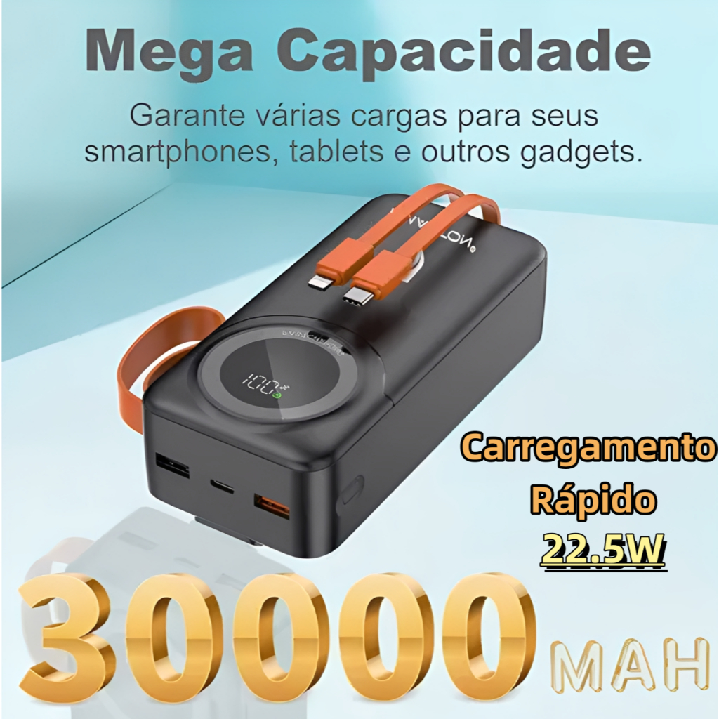 Carregador Power Bank 30000mah PD 22.5W Carregamento Rápido Com Entrada Usb-c E Display Hmaston YD66