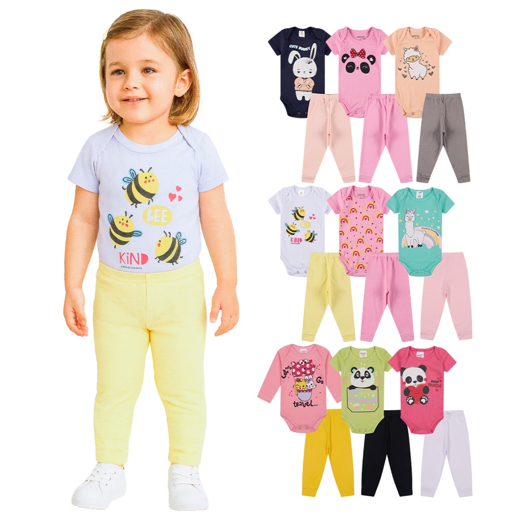 Kit 4, 8 ou 16 Peças de Roupas para Bebê Menina (Body Curto + Calça Mijão) Body Roupa Infantil Bebê