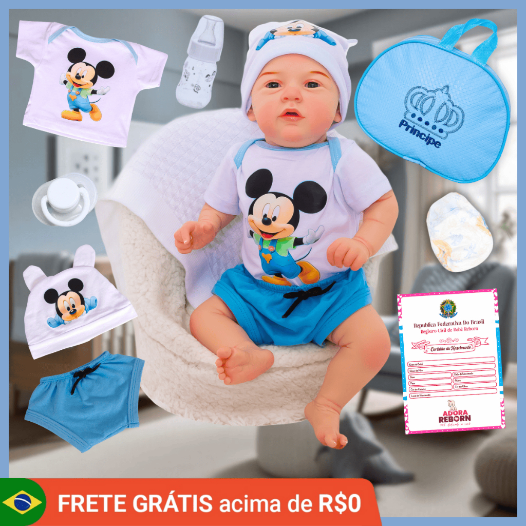 Boneco Bebê Reborn Menino Mickey Original Realista Corpo De Silicone Pode Dar Banho
