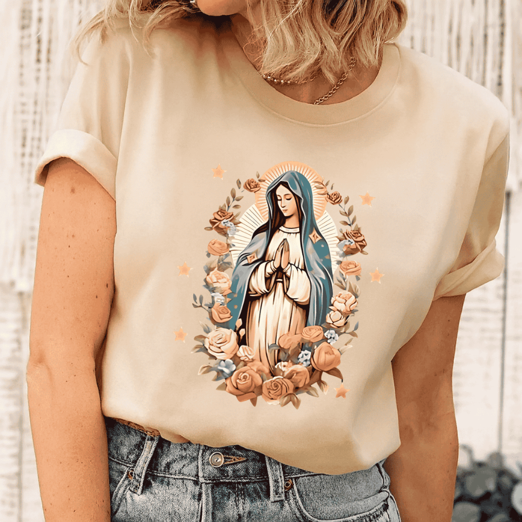 Camiseta Feminina Estampada Virgem Maria Blusa Algodão Camisa Preto Bege Branco em Oferta na Shopee